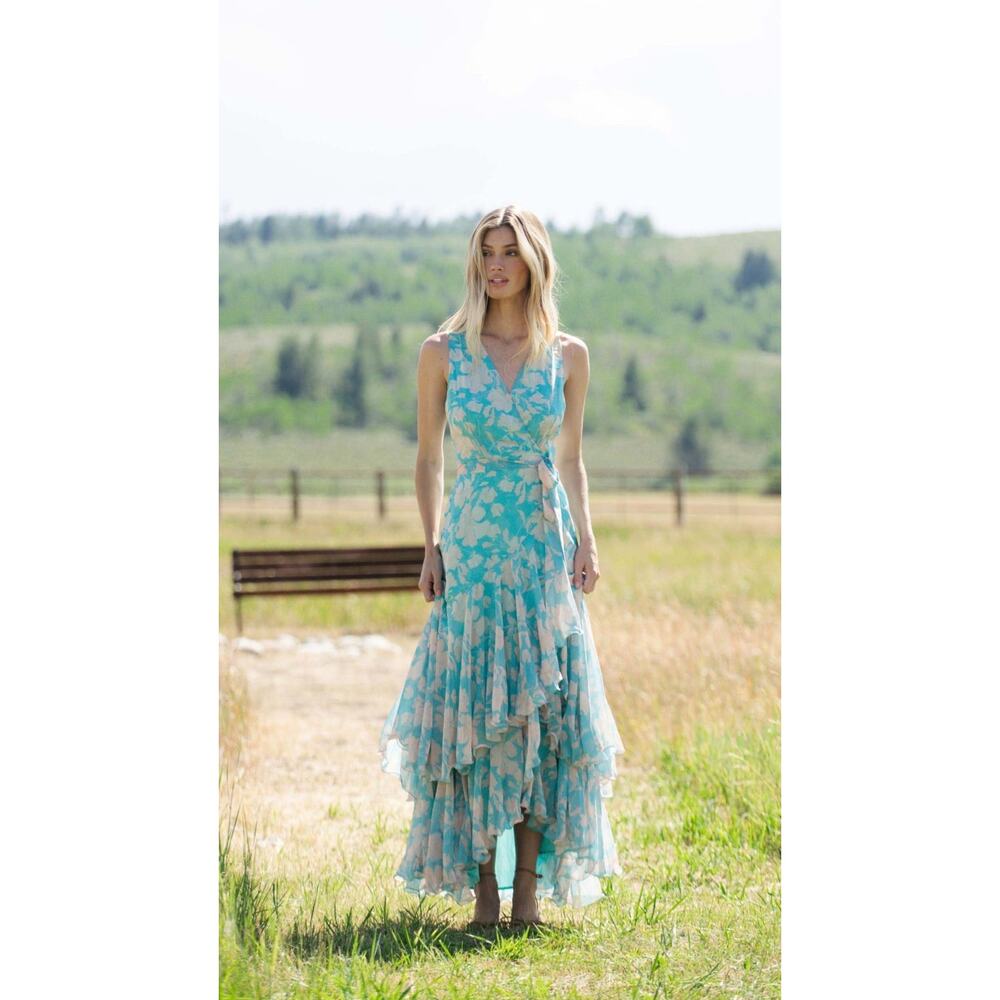 Hutch Trinity Long Floral Wrap Dress in Teal Vintage Vining Floral XXS